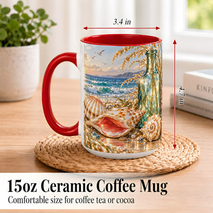 #pl[15oz|Red] Gem Style Seashell Coffee Mug, Coastal Bottle Beach Mug, Ceramic Cup