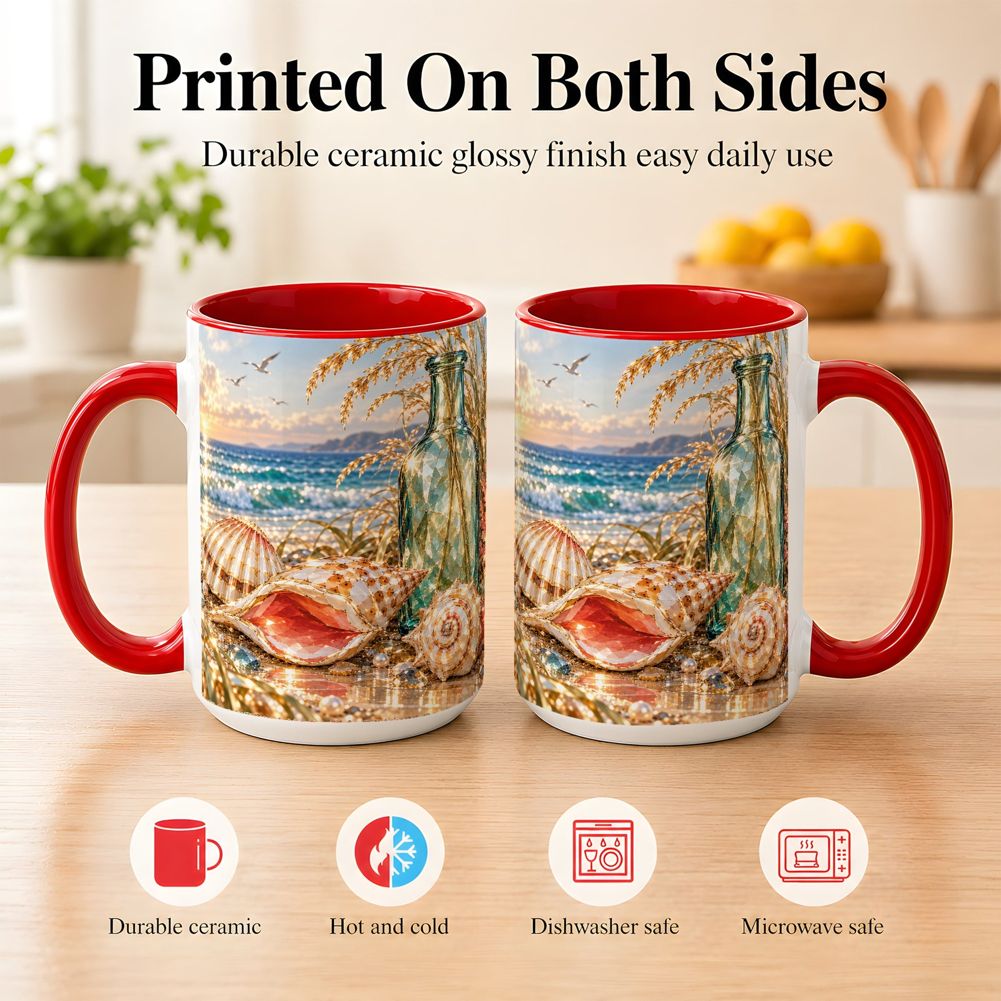 #pl[15oz|Red] Gem Style Seashell Coffee Mug, Coastal Bottle Beach Mug, Ceramic Cup