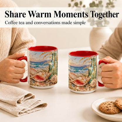 #pl[15oz|Red] Gem Style Seashell Coffee Mug, Coastal Bottle Beach Mug, Ceramic Cup