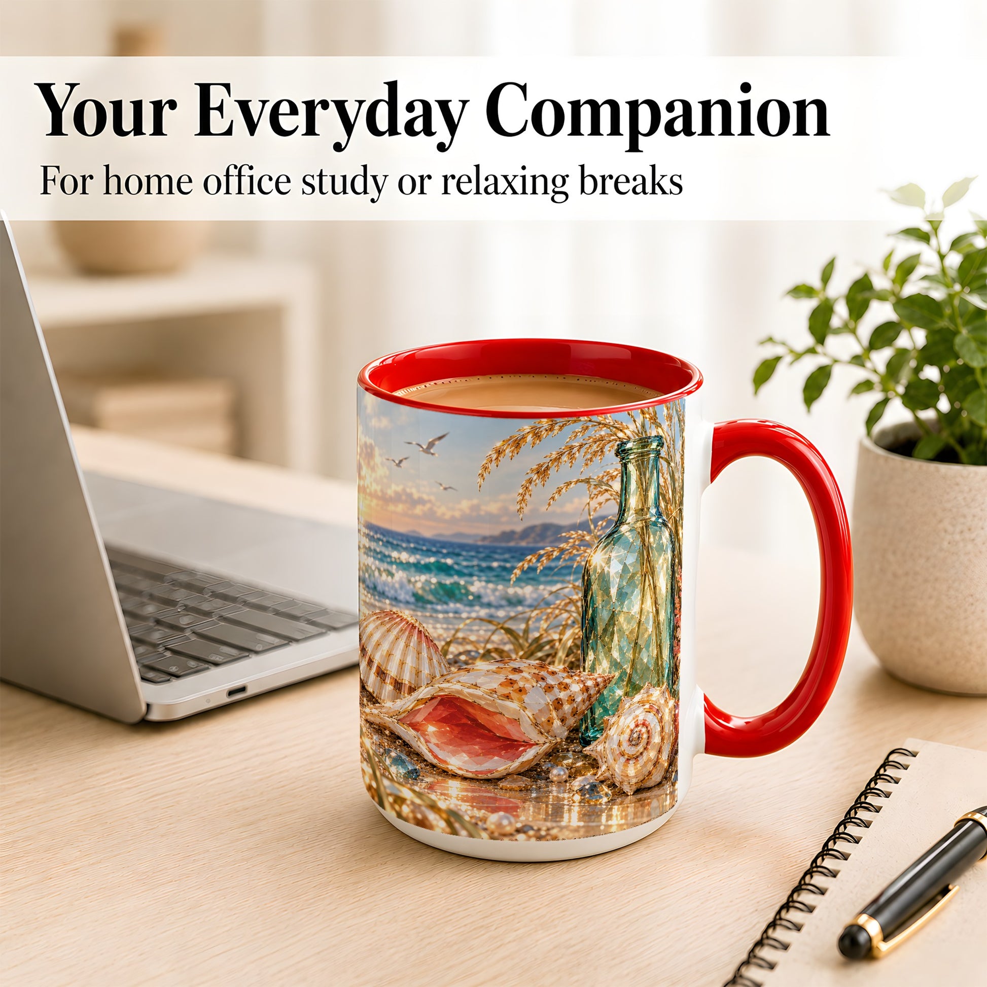 #pl[15oz|Red] Gem Style Seashell Coffee Mug, Coastal Bottle Beach Mug, Ceramic Cup
