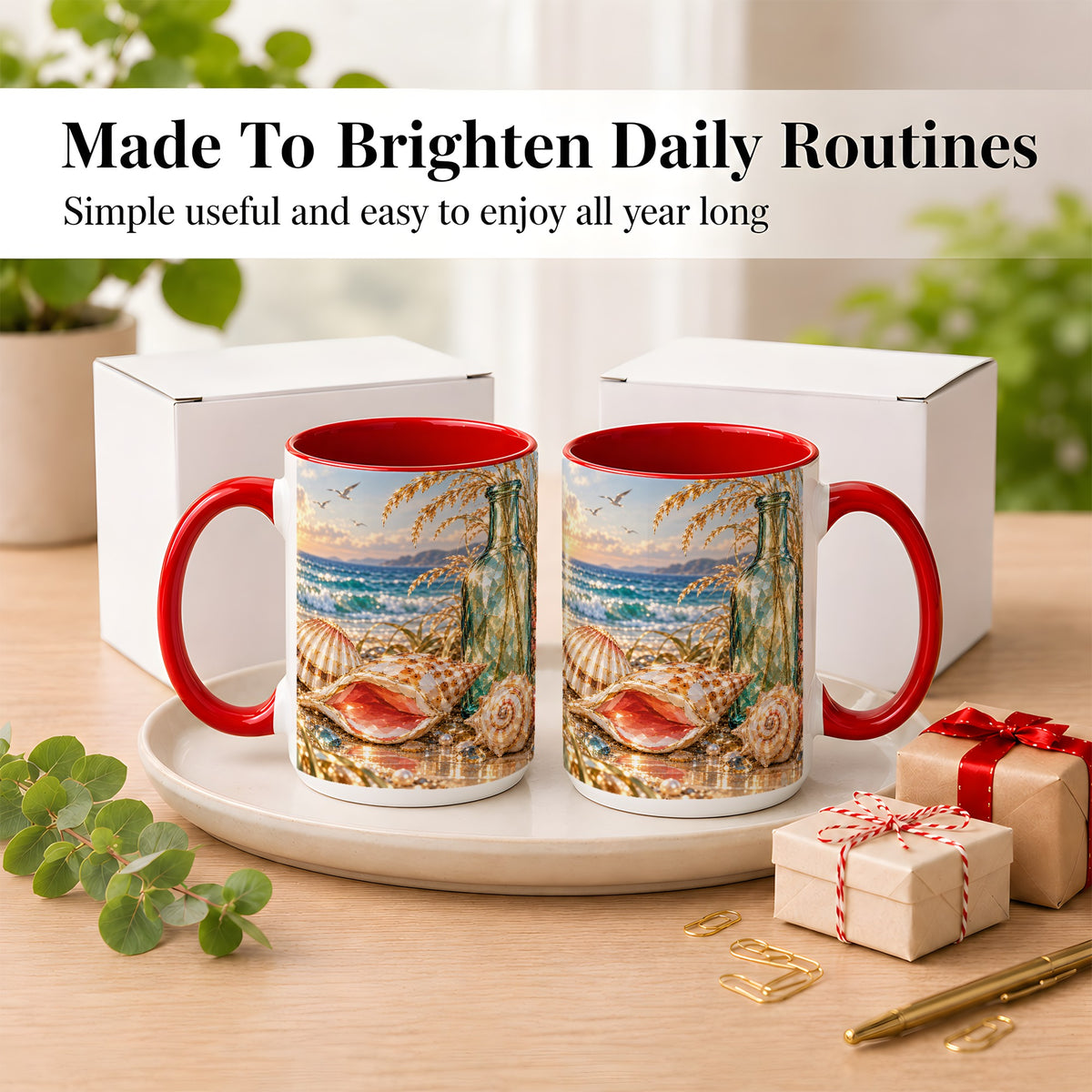 #pl[15oz|Red] Gem Style Seashell Coffee Mug, Coastal Bottle Beach Mug, Ceramic Cup
