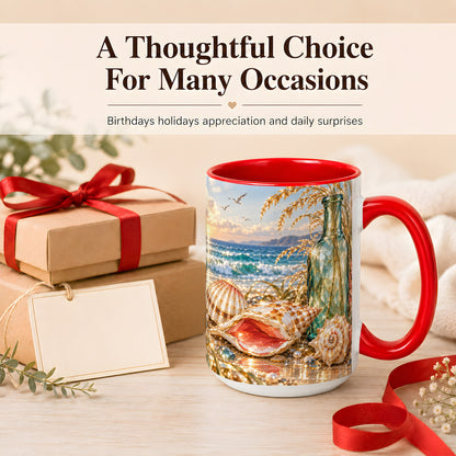 #pl[15oz|Red] Gem Style Seashell Coffee Mug, Coastal Bottle Beach Mug, Ceramic Cup