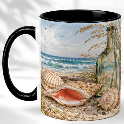 #pl[11oz|Black] Beach Seashell Coffee Mug, Coastal Bottle Mug, Ceramic Cup, Ocean Art