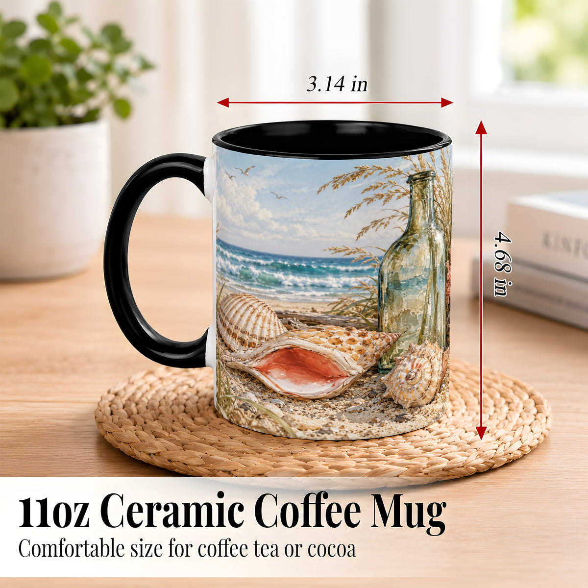 #pl[11oz|Black] Beach Seashell Coffee Mug, Coastal Bottle Mug, Ceramic Cup, Ocean Art