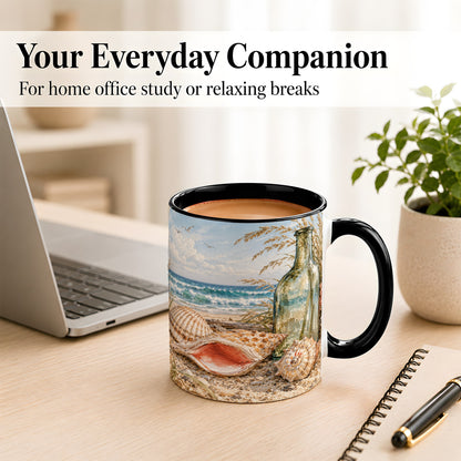 #pl[11oz|Black] Beach Seashell Coffee Mug, Coastal Bottle Mug, Ceramic Cup, Ocean Art