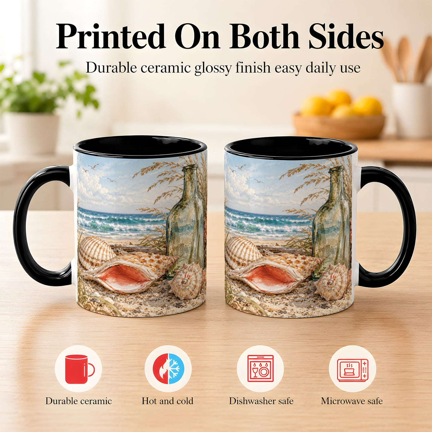 #pl[11oz|Black] Beach Seashell Coffee Mug, Coastal Bottle Mug, Ceramic Cup, Ocean Art