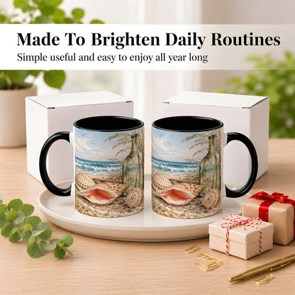 #pl[11oz|Black] Beach Seashell Coffee Mug, Coastal Bottle Mug, Ceramic Cup, Ocean Art