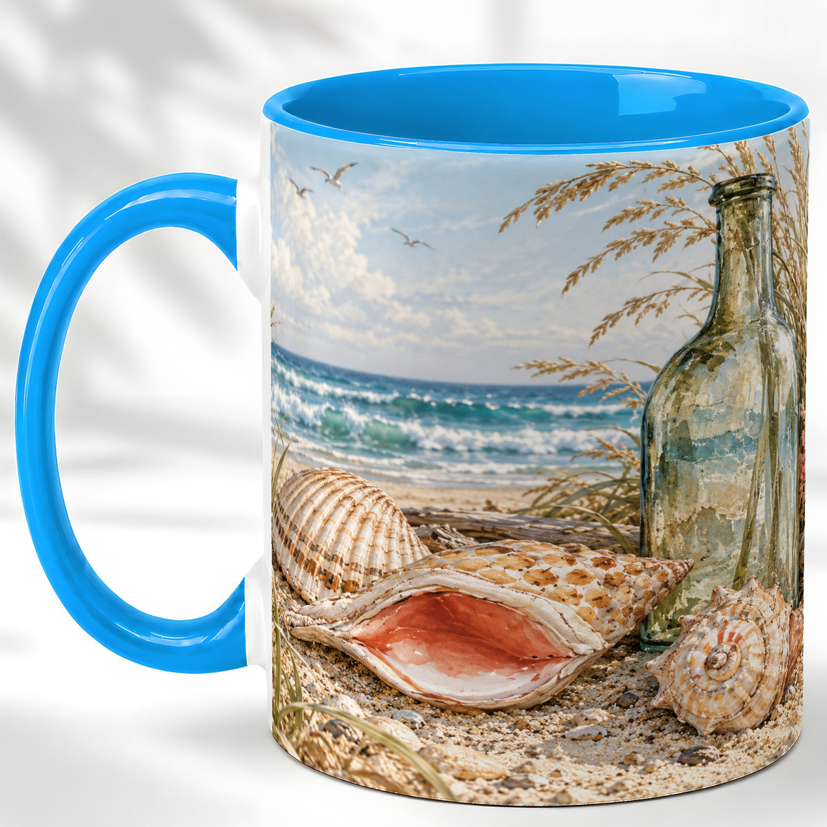 #pl[11oz|Blue] Beach Seashell Coffee Mug, Coastal Bottle Mug, Ceramic Cup, Ocean Art