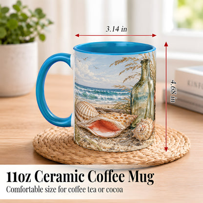 #pl[11oz|Blue] Beach Seashell Coffee Mug, Coastal Bottle Mug, Ceramic Cup, Ocean Art