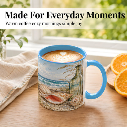 #pl[11oz|Blue] Beach Seashell Coffee Mug, Coastal Bottle Mug, Ceramic Cup, Ocean Art