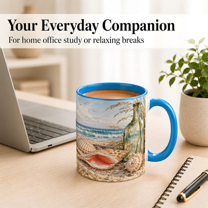 #pl[11oz|Blue] Beach Seashell Coffee Mug, Coastal Bottle Mug, Ceramic Cup, Ocean Art