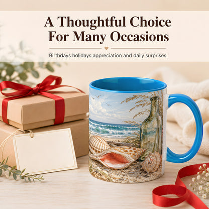 #pl[11oz|Blue] Beach Seashell Coffee Mug, Coastal Bottle Mug, Ceramic Cup, Ocean Art