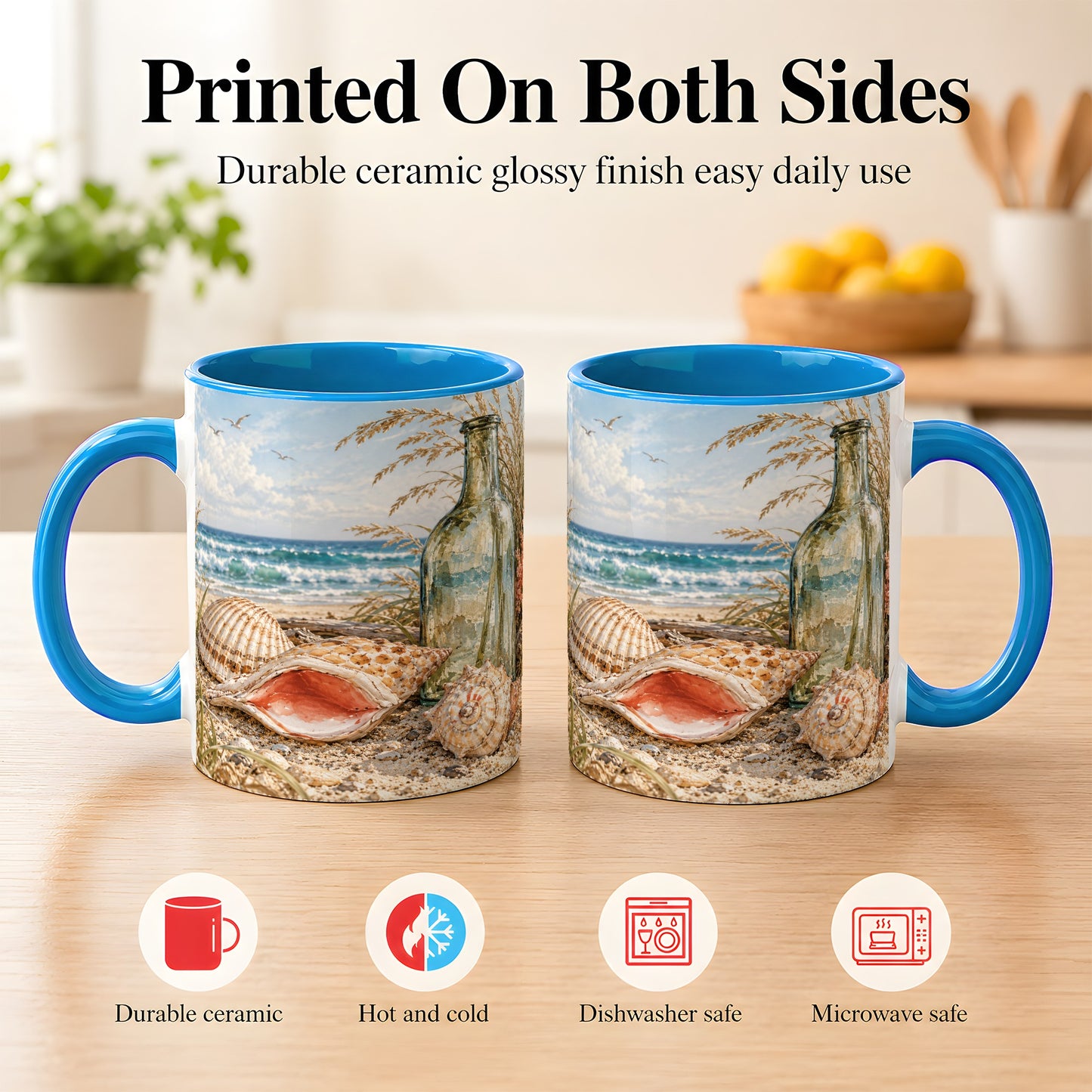 #pl[11oz|Blue] Beach Seashell Coffee Mug, Coastal Bottle Mug, Ceramic Cup, Ocean Art