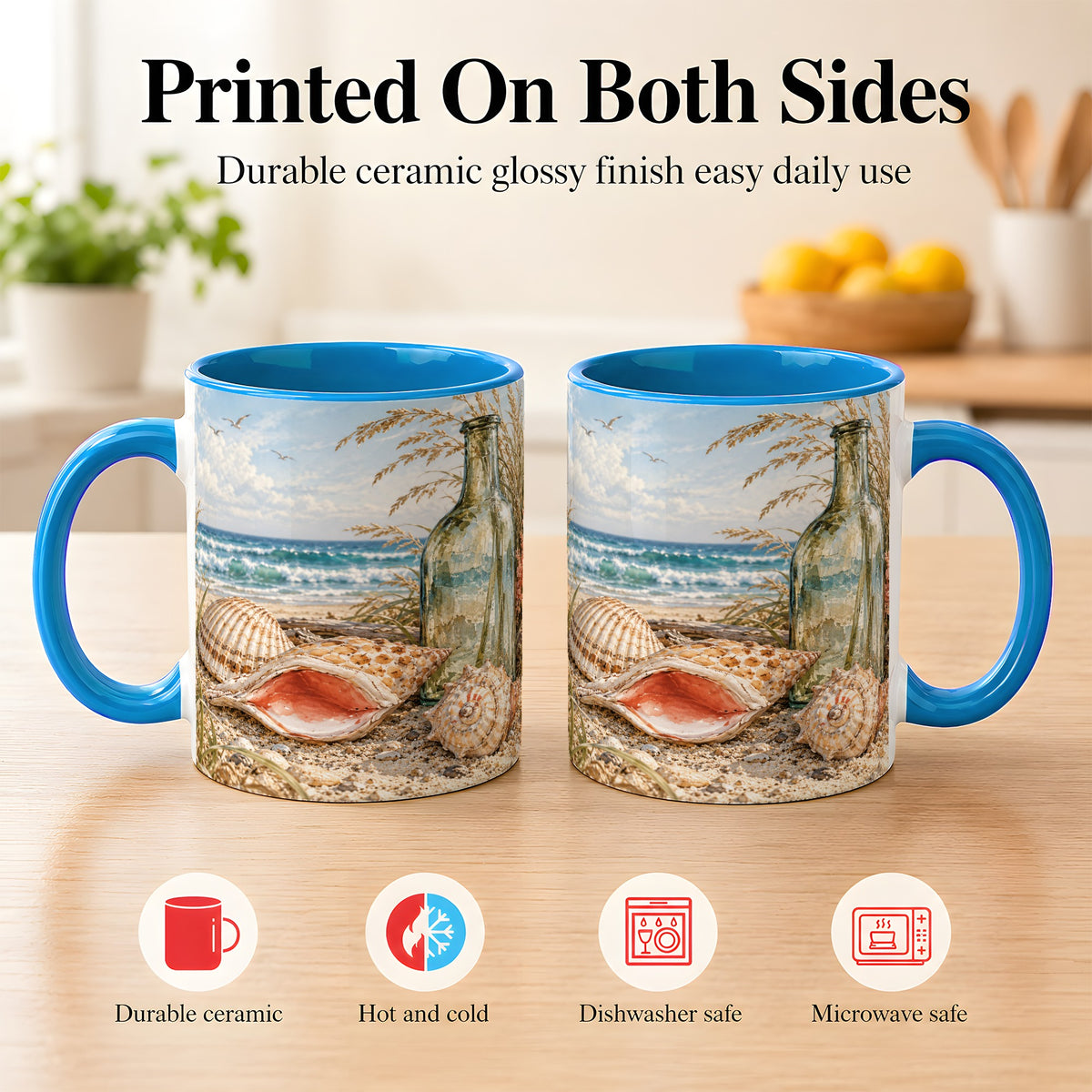 #pl[11oz|Blue] Beach Seashell Coffee Mug, Coastal Bottle Mug, Ceramic Cup, Ocean Art