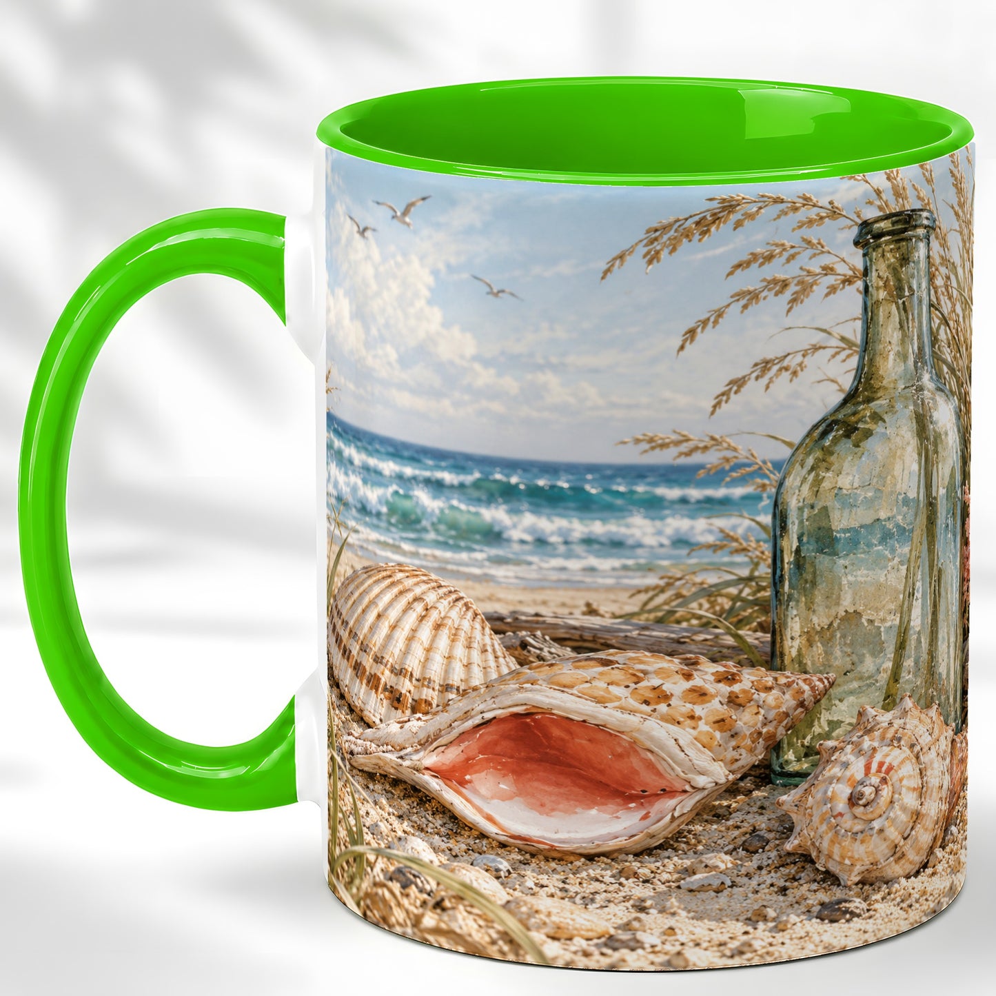 #pl[11oz|Green] Beach Seashell Coffee Mug, Coastal Bottle Mug, Ceramic Cup, Ocean Art