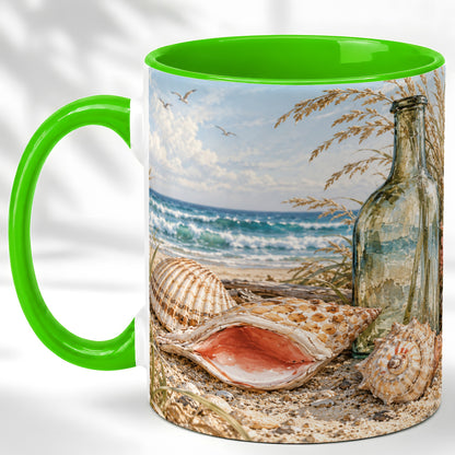 #pl[11oz|Green] Beach Seashell Coffee Mug, Coastal Bottle Mug, Ceramic Cup, Ocean Art