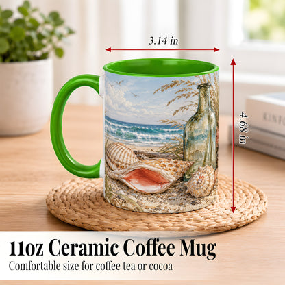 #pl[11oz|Green] Beach Seashell Coffee Mug, Coastal Bottle Mug, Ceramic Cup, Ocean Art