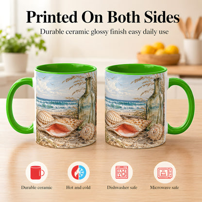 #pl[11oz|Green] Beach Seashell Coffee Mug, Coastal Bottle Mug, Ceramic Cup, Ocean Art