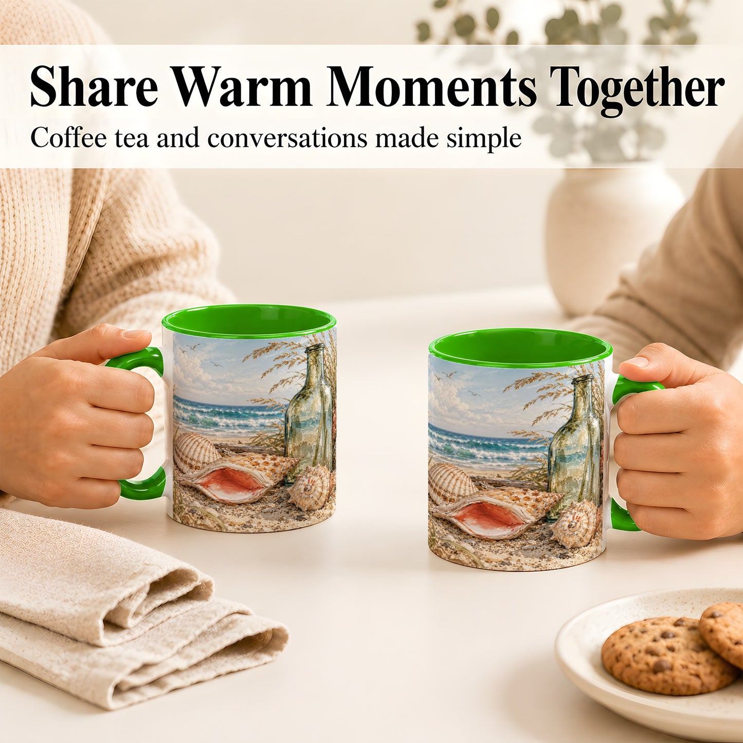 #pl[11oz|Green] Beach Seashell Coffee Mug, Coastal Bottle Mug, Ceramic Cup, Ocean Art