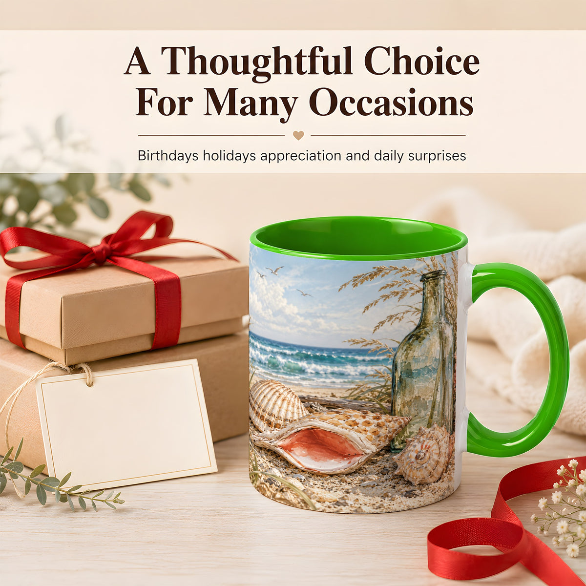 #pl[11oz|Green] Beach Seashell Coffee Mug, Coastal Bottle Mug, Ceramic Cup, Ocean Art