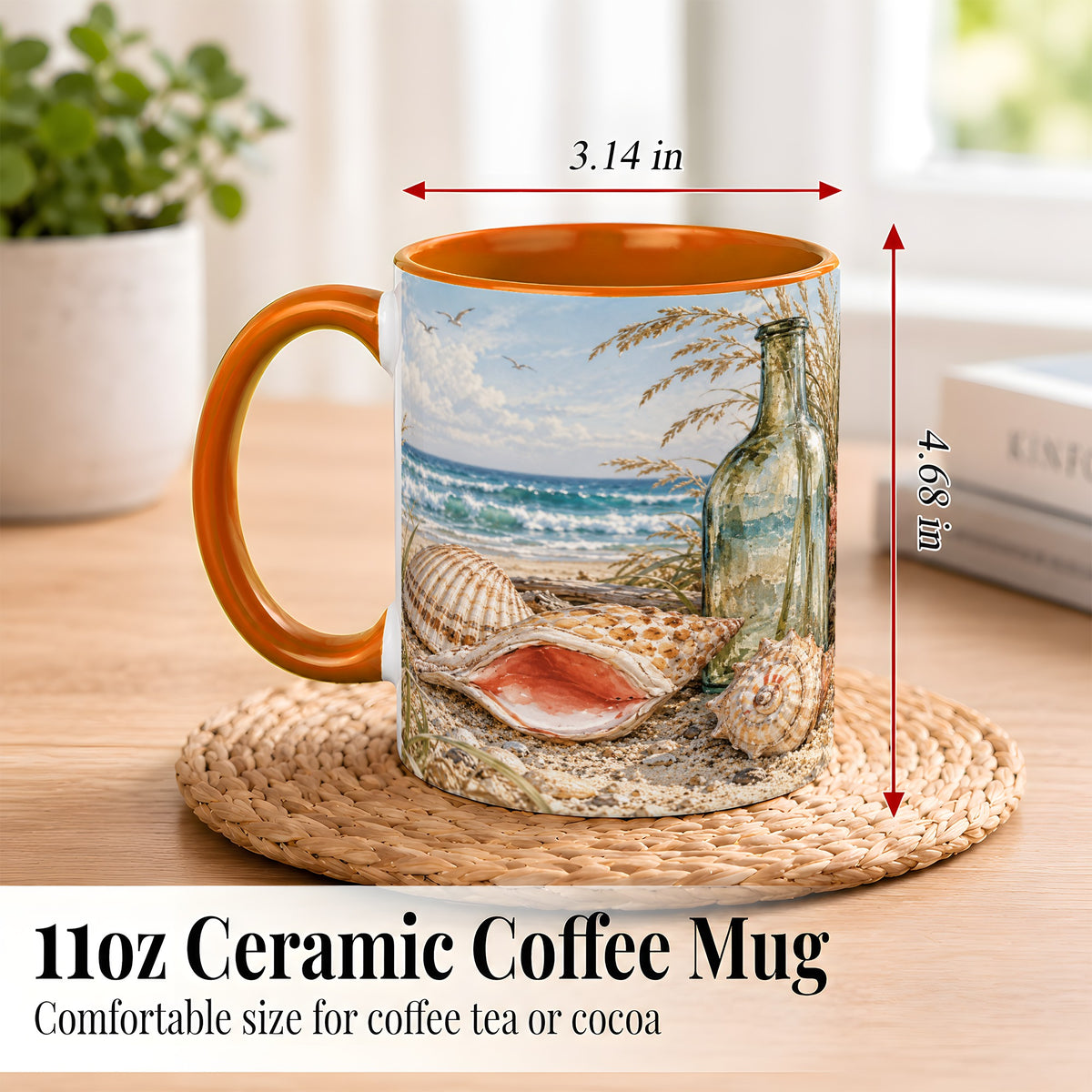 #pl[11oz|Orange] Beach Seashell Coffee Mug, Coastal Bottle Mug, Ceramic Cup, Ocean Art