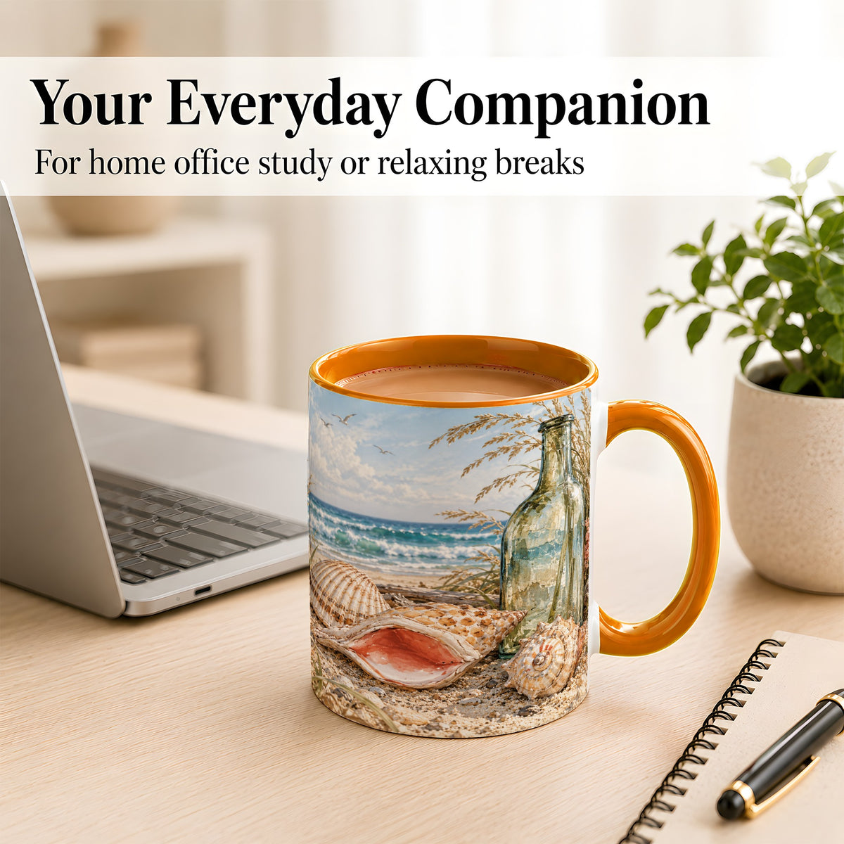 #pl[11oz|Orange] Beach Seashell Coffee Mug, Coastal Bottle Mug, Ceramic Cup, Ocean Art