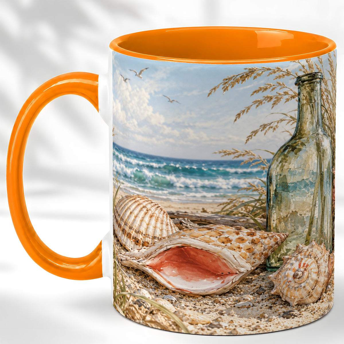 #pl[11oz|Orange] Beach Seashell Coffee Mug, Coastal Bottle Mug, Ceramic Cup, Ocean Art