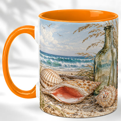 #pl[11oz|Orange] Beach Seashell Coffee Mug, Coastal Bottle Mug, Ceramic Cup, Ocean Art