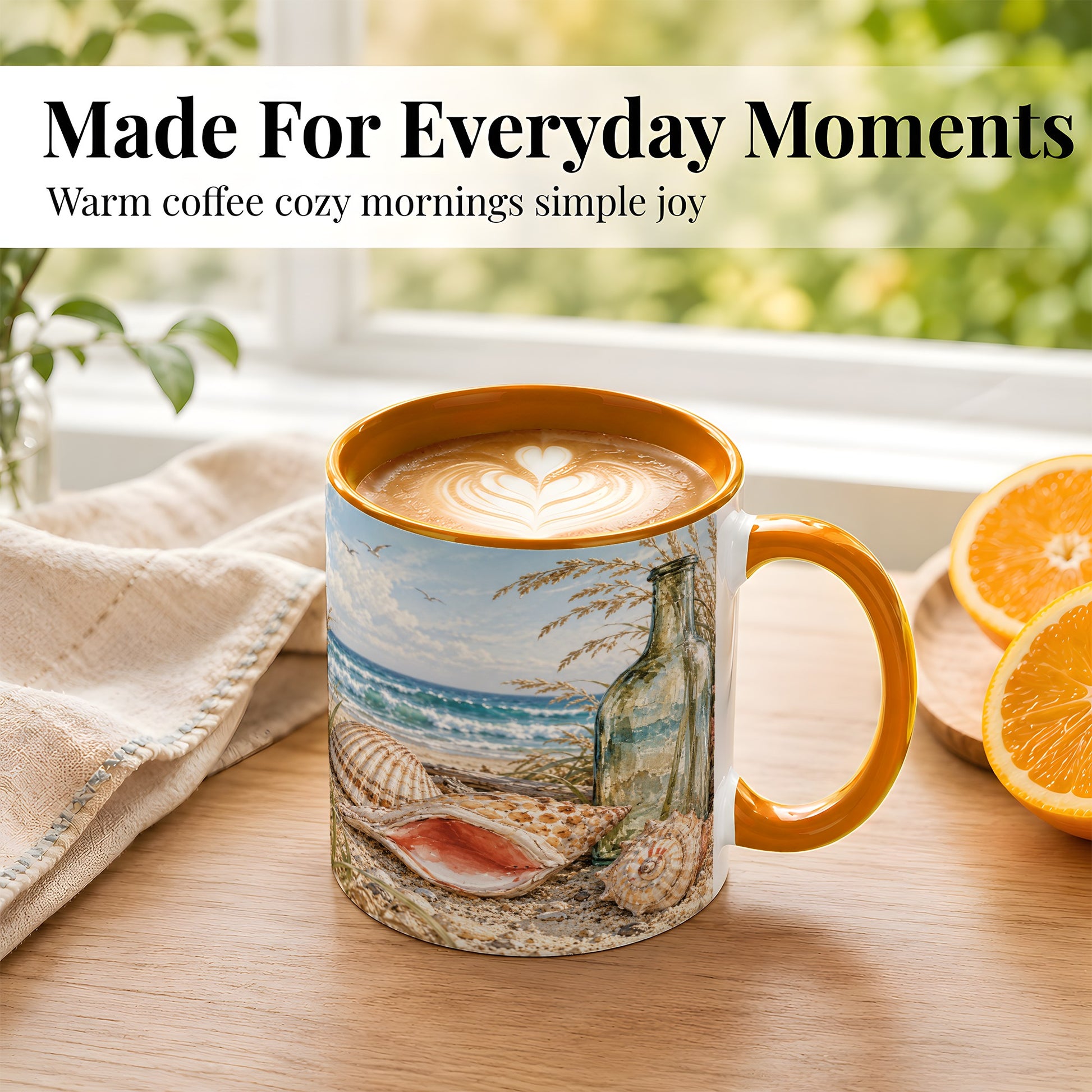 #pl[11oz|Orange] Beach Seashell Coffee Mug, Coastal Bottle Mug, Ceramic Cup, Ocean Art