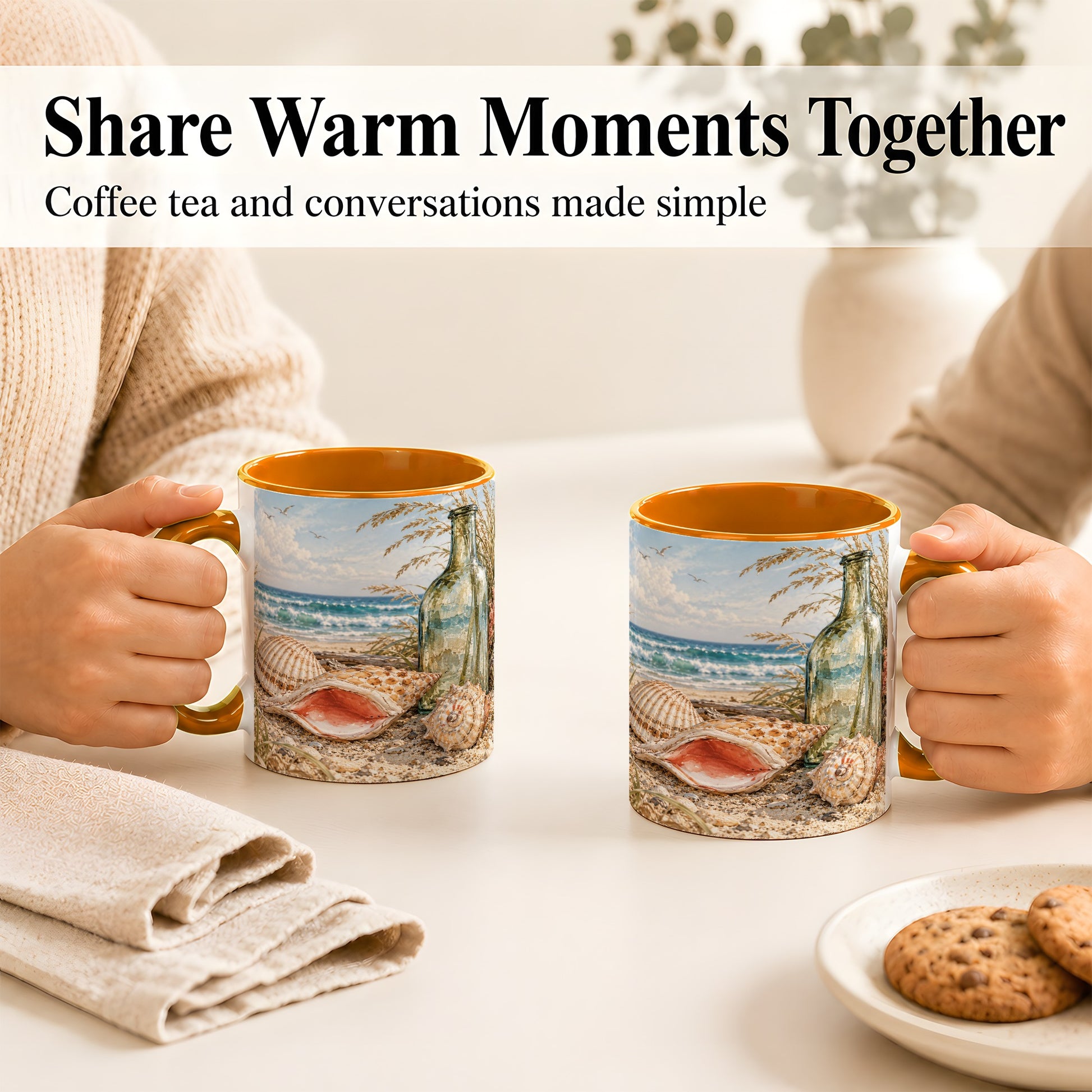 #pl[11oz|Orange] Beach Seashell Coffee Mug, Coastal Bottle Mug, Ceramic Cup, Ocean Art