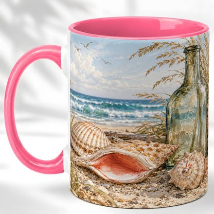 #pl[11oz|Pink] Beach Seashell Coffee Mug, Coastal Bottle Mug, Ceramic Cup, Ocean Art