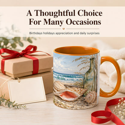 #pl[11oz|Orange] Beach Seashell Coffee Mug, Coastal Bottle Mug, Ceramic Cup, Ocean Art