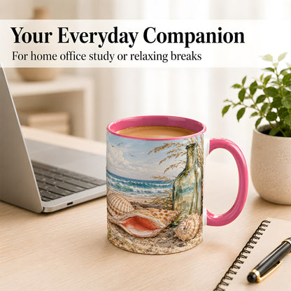 #pl[11oz|Pink] Beach Seashell Coffee Mug, Coastal Bottle Mug, Ceramic Cup, Ocean Art