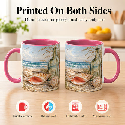 #pl[11oz|Pink] Beach Seashell Coffee Mug, Coastal Bottle Mug, Ceramic Cup, Ocean Art