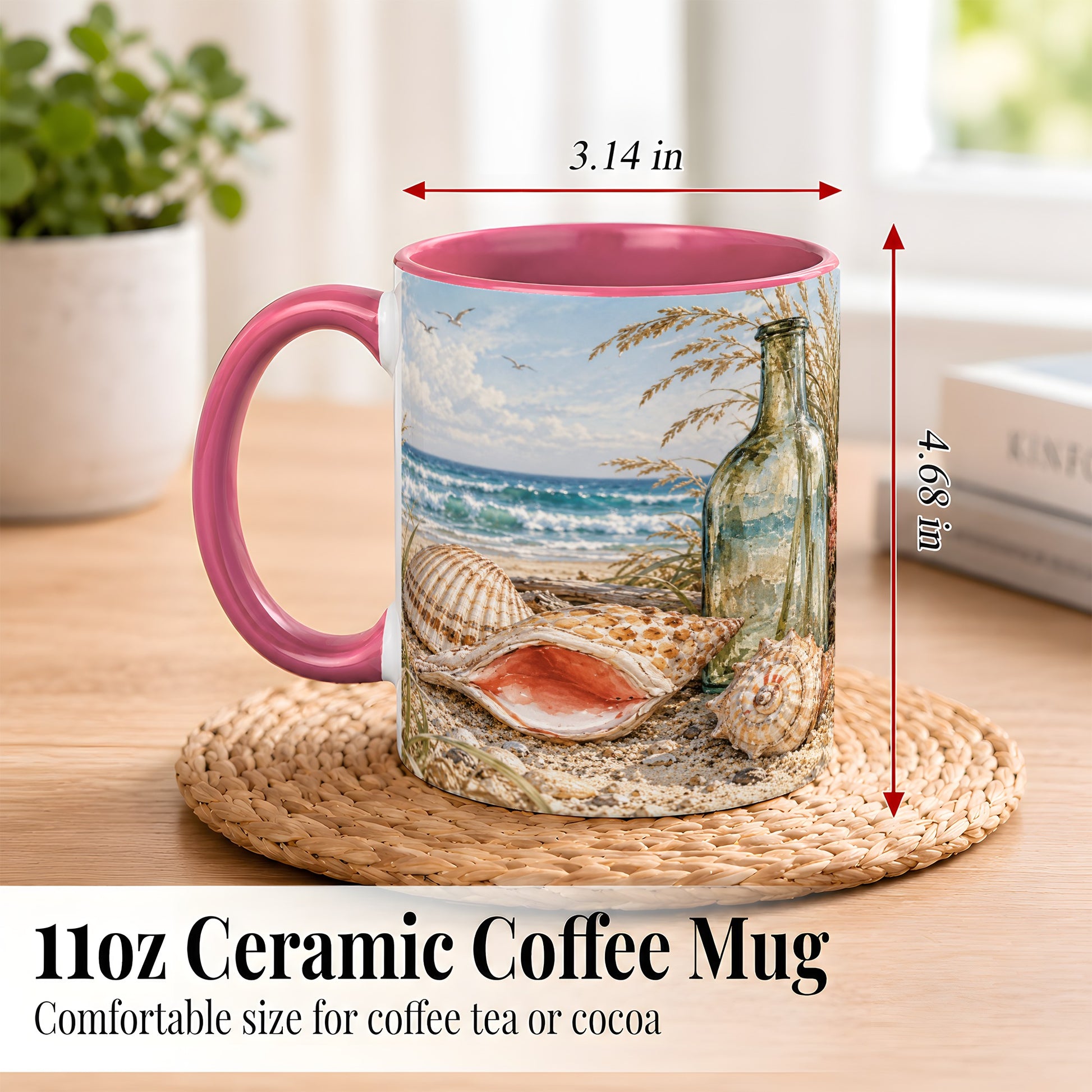 #pl[11oz|Pink] Beach Seashell Coffee Mug, Coastal Bottle Mug, Ceramic Cup, Ocean Art