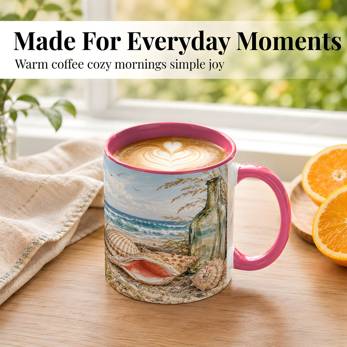 #pl[11oz|Pink] Beach Seashell Coffee Mug, Coastal Bottle Mug, Ceramic Cup, Ocean Art