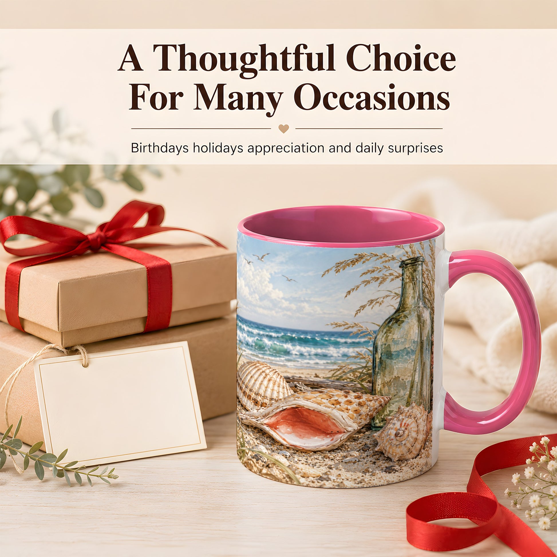 #pl[11oz|Pink] Beach Seashell Coffee Mug, Coastal Bottle Mug, Ceramic Cup, Ocean Art