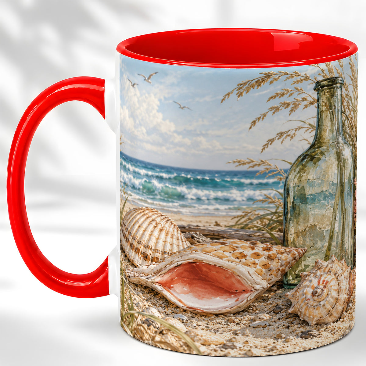 Beach Seashell Coffee Mug, Coastal Bottle Mug, Ceramic Cup, Ocean Art