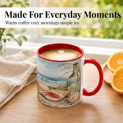 #pl[11oz|Red] Beach Seashell Coffee Mug, Coastal Bottle Mug, Ceramic Cup, Ocean Art