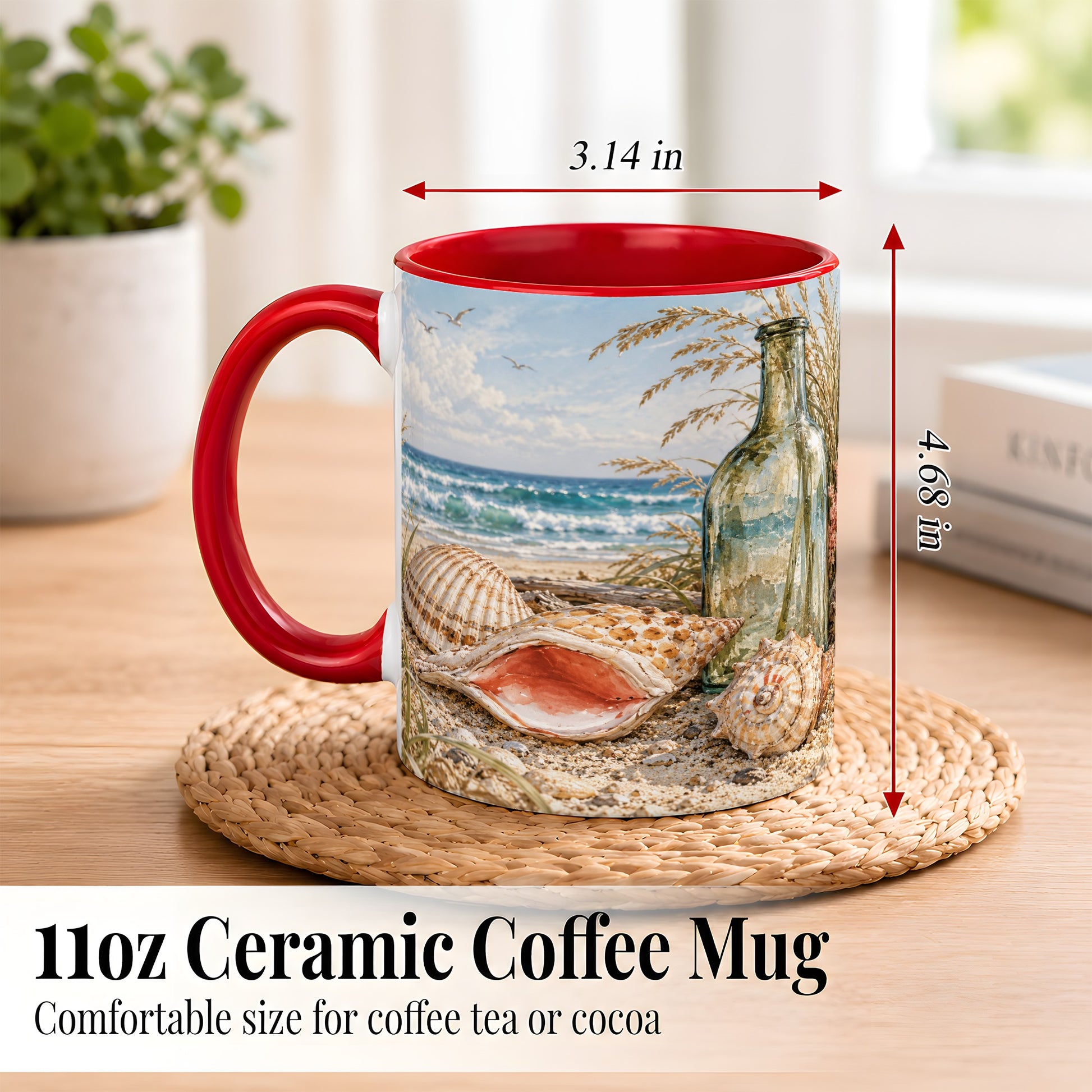 #pl[11oz|Red] Beach Seashell Coffee Mug, Coastal Bottle Mug, Ceramic Cup, Ocean Art
