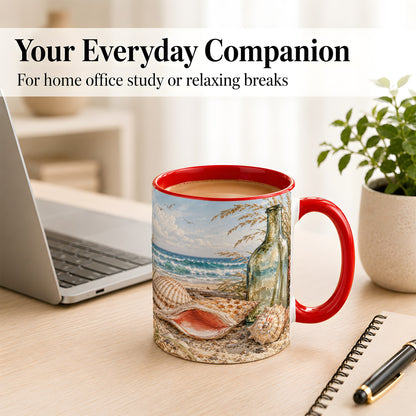 #pl[11oz|Red] Beach Seashell Coffee Mug, Coastal Bottle Mug, Ceramic Cup, Ocean Art