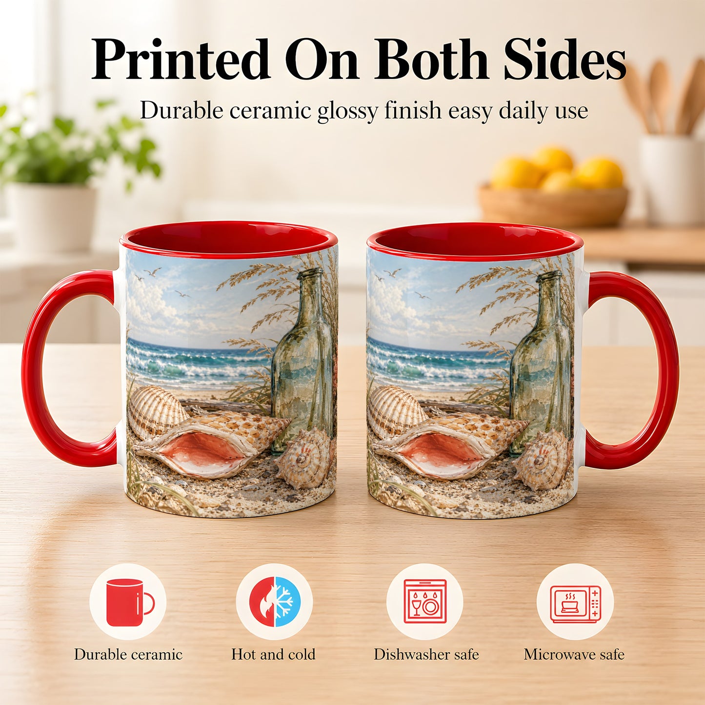 #pl[11oz|Red] Beach Seashell Coffee Mug, Coastal Bottle Mug, Ceramic Cup, Ocean Art