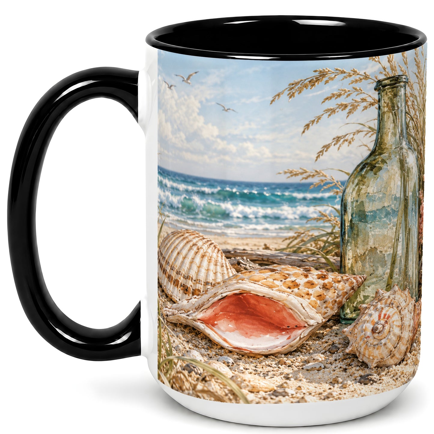 #pl[15oz|Black] Beach Seashell Coffee Mug, Coastal Bottle Mug, Ceramic Cup, Ocean Art