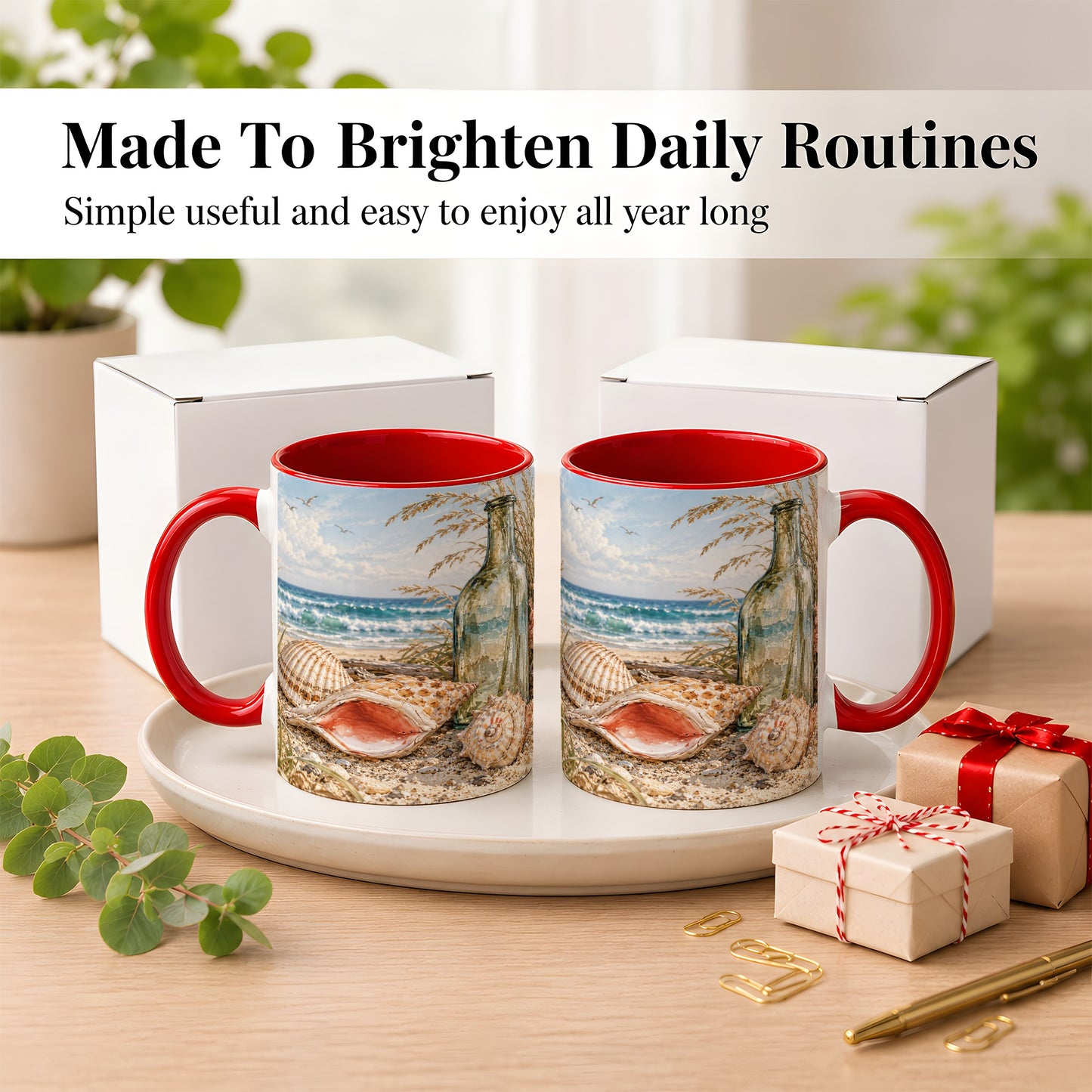 #pl[11oz|Red] Beach Seashell Coffee Mug, Coastal Bottle Mug, Ceramic Cup, Ocean Art