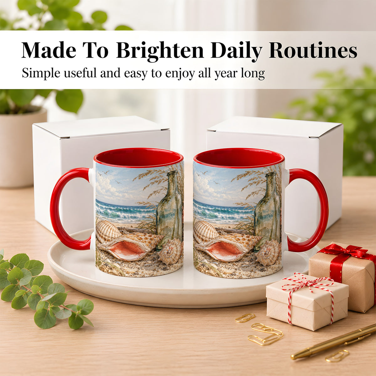 #pl[11oz|Red] Beach Seashell Coffee Mug, Coastal Bottle Mug, Ceramic Cup, Ocean Art