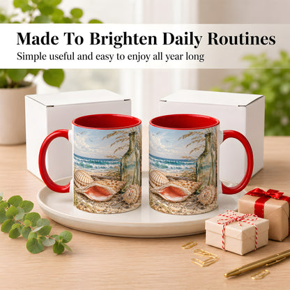 #pl[11oz|Red] Beach Seashell Coffee Mug, Coastal Bottle Mug, Ceramic Cup, Ocean Art