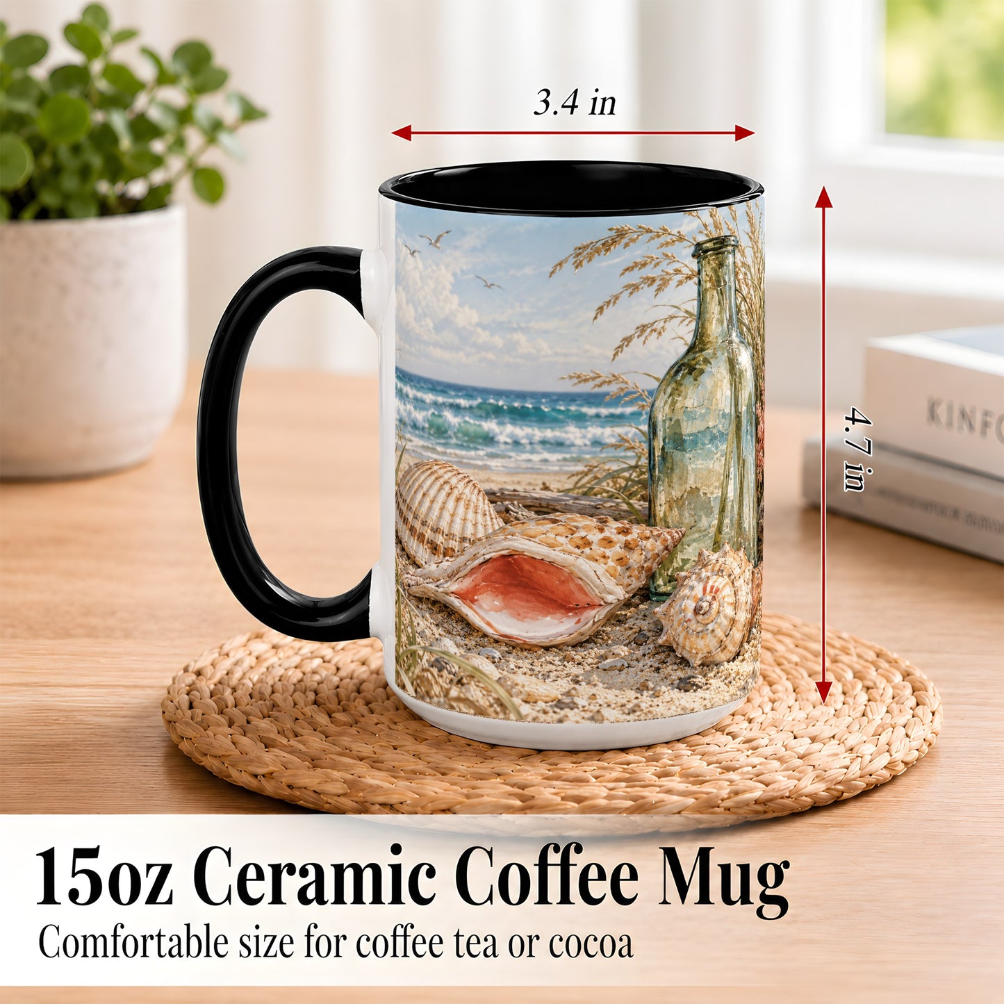 #pl[15oz|Black] Beach Seashell Coffee Mug, Coastal Bottle Mug, Ceramic Cup, Ocean Art