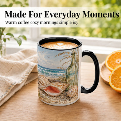 #pl[15oz|Black] Beach Seashell Coffee Mug, Coastal Bottle Mug, Ceramic Cup, Ocean Art