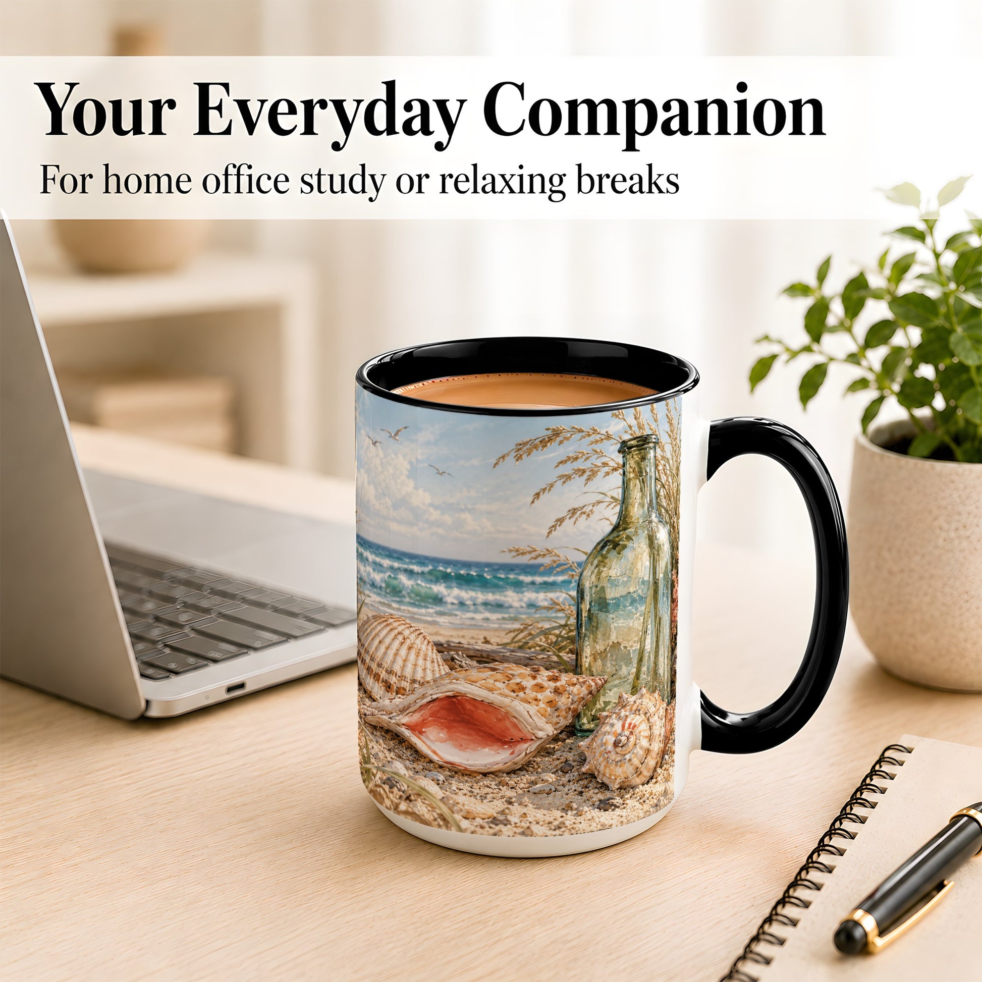 #pl[15oz|Black] Beach Seashell Coffee Mug, Coastal Bottle Mug, Ceramic Cup, Ocean Art