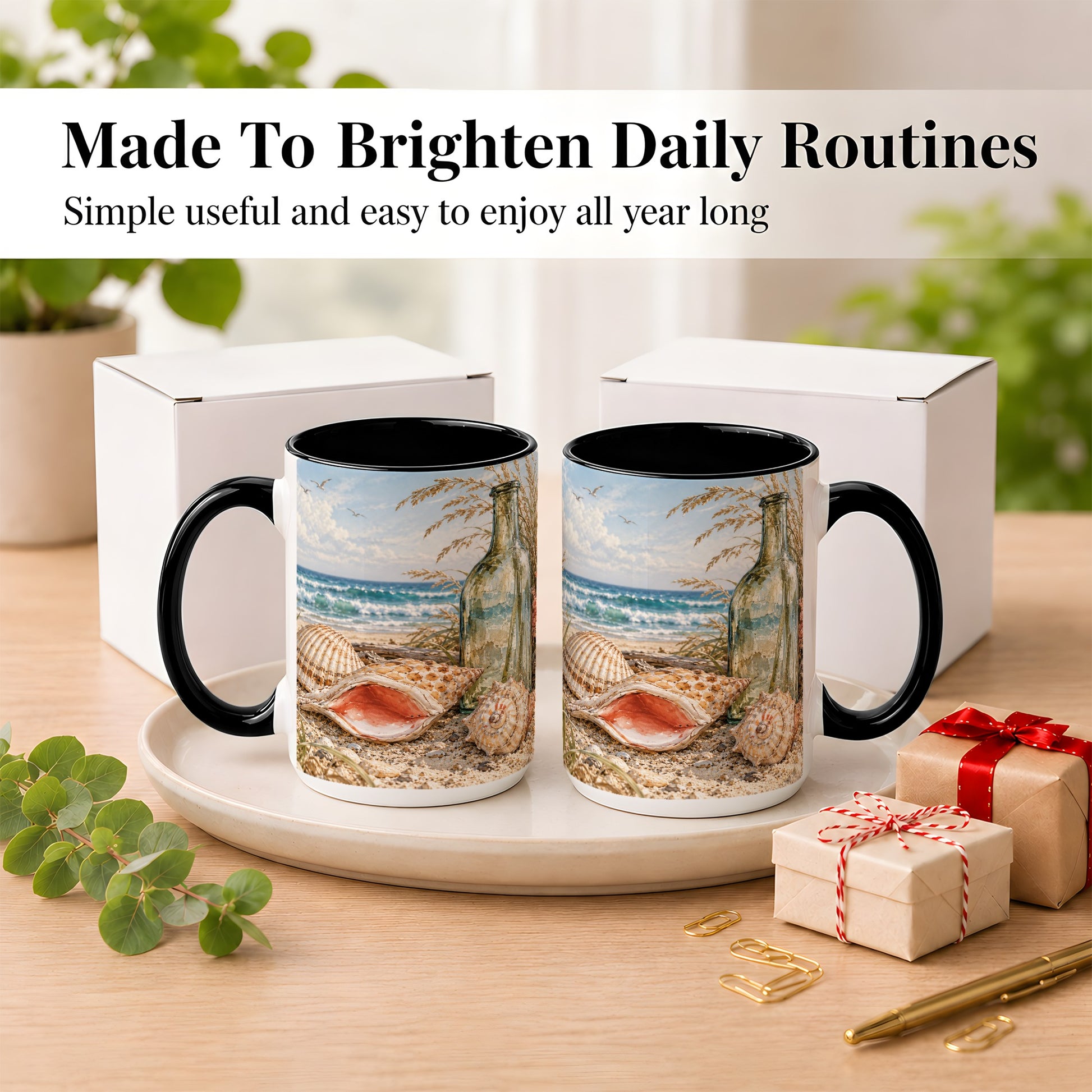 #pl[15oz|Black] Beach Seashell Coffee Mug, Coastal Bottle Mug, Ceramic Cup, Ocean Art
